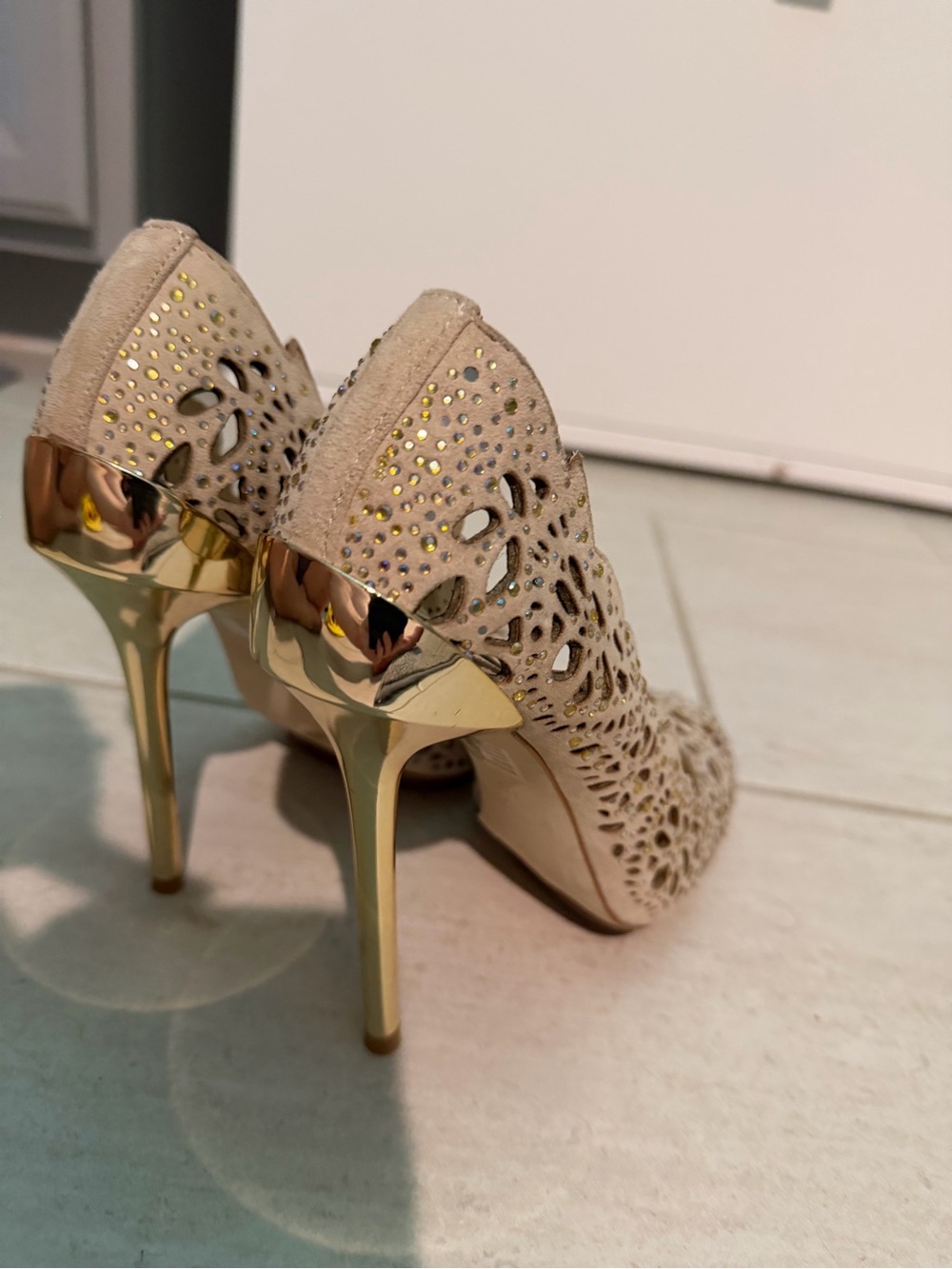 BCBGMaxAzria Peacock Nude Laser-Cut Pumps with Gold Stiletto Heel - Picture 3 of 14